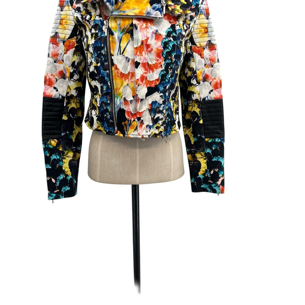Nicholas Digi Floral Moto Jacket‎ Cotton Blend Leather Trim Multicolor US 4 - Picture 5 of 16